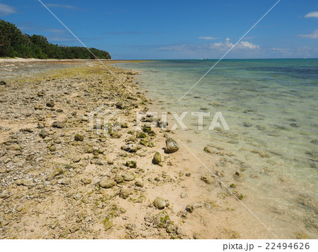 沖縄 竹富島の石がゴロゴロした星砂の浜 カイジ浜 と青い海と夏空の写真素材