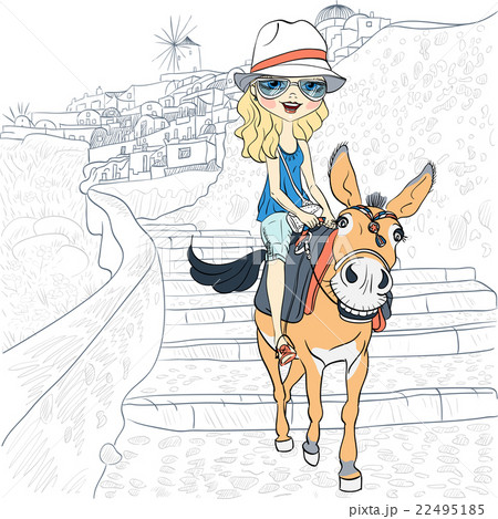 Beautiful girl on a donkey in Oia, Santorini 22495185