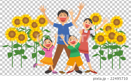 Image illustration of a family of four waving cheerfully and cheerfully in front of sunflowers Image illustration of a family of four waving cheerfully and cheerfully in front of sunflowers 22495710