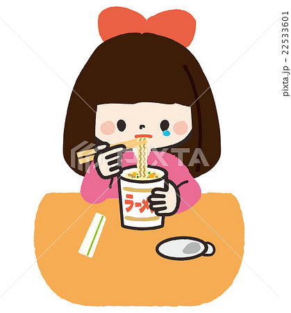 一人で食事する女の子 カップ麺 のイラスト素材