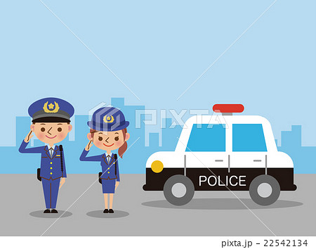 パトカーと敬礼する警察官 男女 のイラスト素材