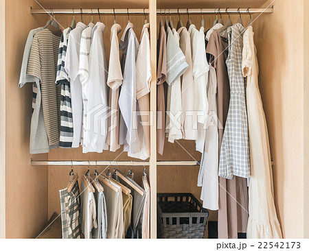 clothes and dress hanging on rail in wooden closet clothes and dress hanging on rail in wooden closet 22542173