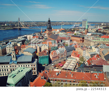 Old Riga view from St. Peter's Church. Aged photo. 22544313