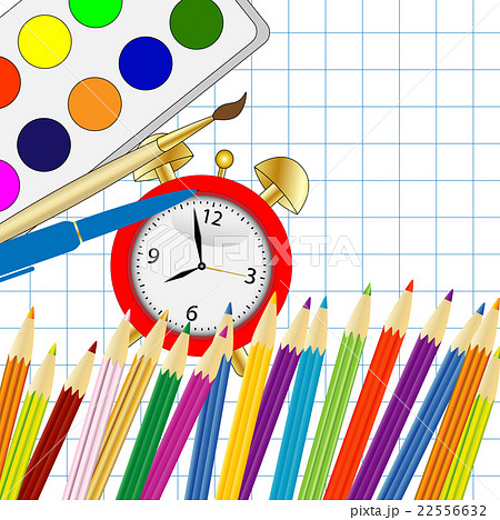 bright colored pencils,alarm clock and paint 22556632