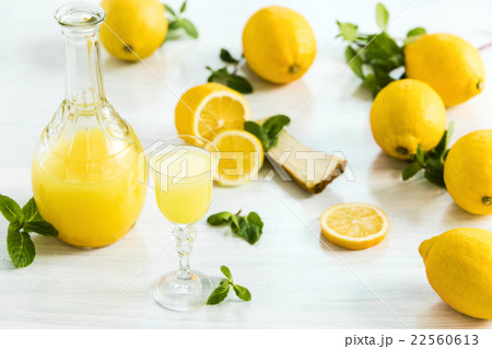 Italian traditional liqueur limoncello with lemon 22560613