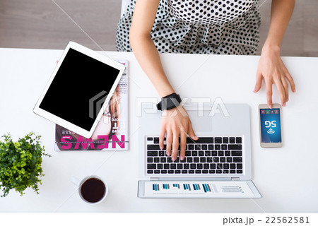 Pleasant woman working on the laptop  22562581