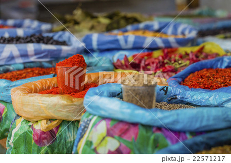 oriental market with bags full of various spices oriental market with bags full of various spices 22571217