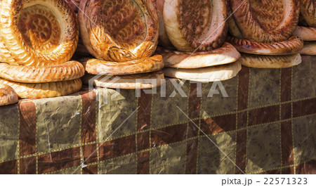 Kirghiz bread tokoch on market in Osh. Kyrgyzstan. Kirghiz bread tokoch on market in Osh. Kyrgyzstan. 22571323