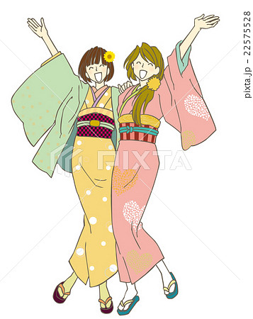 女性のイラスト 二人組仲良し女子旅 着物のイラスト素材 22575528 Pixta