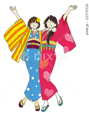 女性のイラスト 二人組仲良し女子旅 着物のイラスト素材 22575529