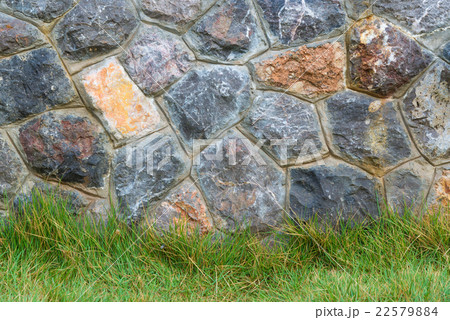 Stone wall and green grass floor 22579884