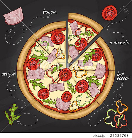 Pizza With Bacon Color Picture Stickerのイラスト素材