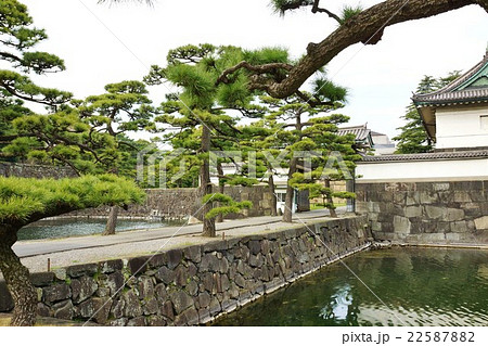 東京観光スポット観光案内 皇居桔梗門橋とその先の桔梗門 内桜田門 横位置の写真素材