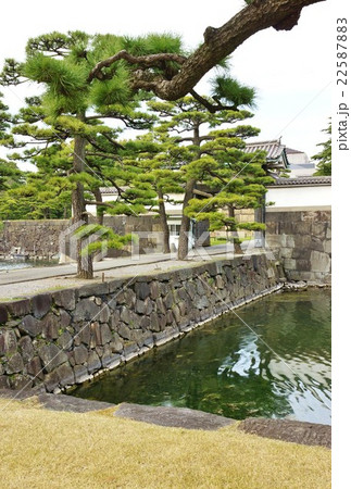 東京観光スポット観光案内 皇居桔梗門橋とその先の桔梗門 内桜田門 縦位置の写真素材