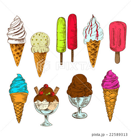 Sketched ice cream cones, popsicles and sundae Sketched ice cream cones, popsicles and sundae 22589313