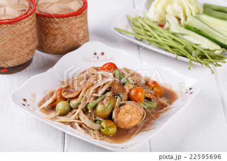Somtum, papaya salad with pickled fish  22595696