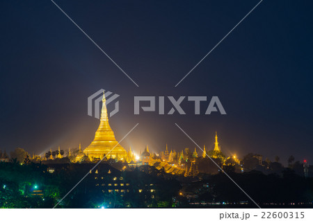 Yangon, Myanmar view of Shwedagon Pagoda at night. 22600315