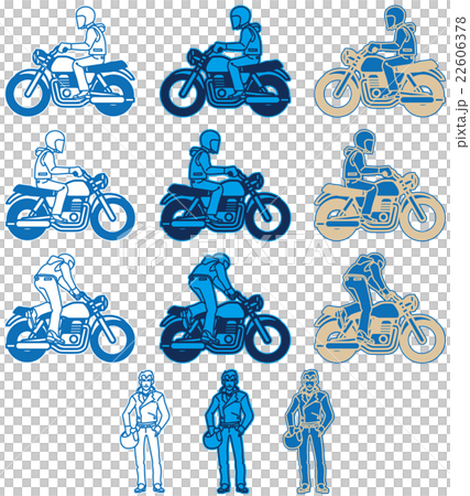 モーターサイクル-オールドルックタイプ(フラットデザイン)ブルー色バリエーションセット モーターサイクル-オールドルックタイプ(フラットデザイン)ブルー色バリエーションセット 22606378
