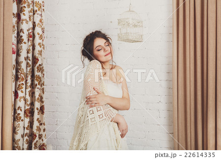 Beautiful young bride in crochet shawl and dress Beautiful young bride in crochet shawl and dress 22614335