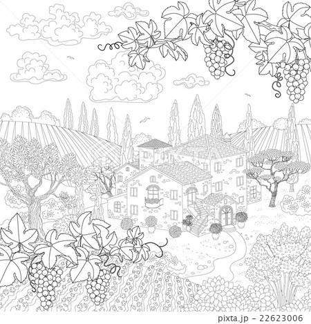 Landscape with house and grape branches. Landscape with house and grape branches. 22623006