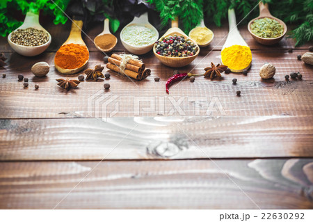 Beautiful colorful spices in wooden spoons 22630292