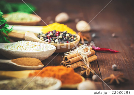 Beautiful colorful spices in wooden spoons Beautiful colorful spices in wooden spoons 22630293