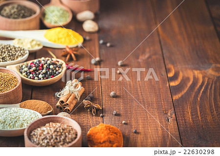 Beautiful colorful spices in wooden spoons Beautiful colorful spices in wooden spoons 22630298