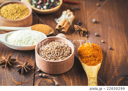 Beautiful colorful spices in wooden spoons Beautiful colorful spices in wooden spoons 22630299