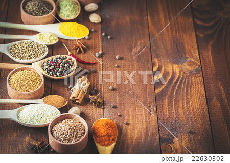 Beautiful colorful spices in wooden spoons  22630302