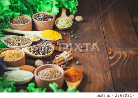 Beautiful colorful spices in wooden spoons 22630317