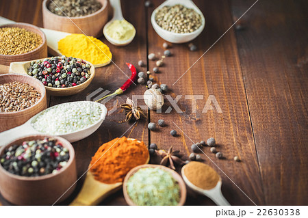 Beautiful colorful spices in wooden spoons  22630338