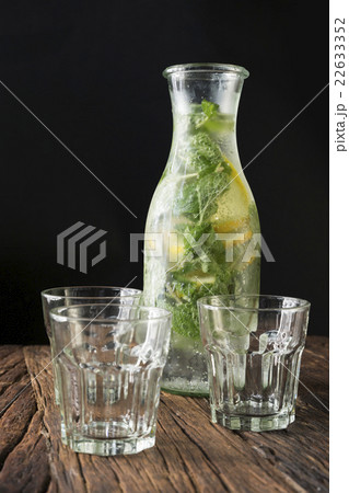 A bottle of soda and glasses. 22633352