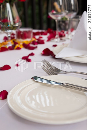 White plate with silverwares set on table decorate 22636772