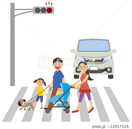 横断歩道を渡っている家族のイメージイラストのイラスト素材