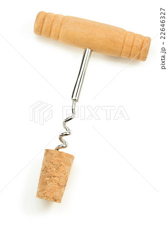 corkscrew and wine cork on white 22646327