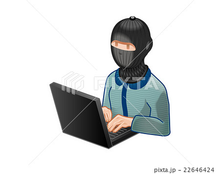 パソコンを使う怪しい覆面の男のイラスト素材