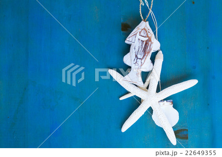 woden fish and starfishes on blue 22649355