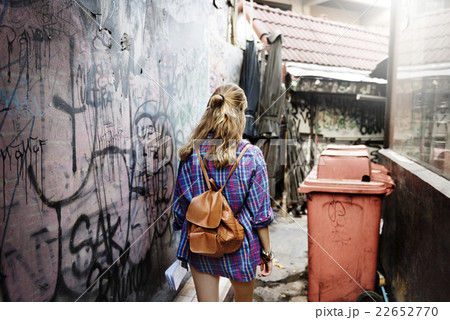 Girl Adventure Traveling Holiday Walking Alleyway Concept Girl Adventure Traveling Holiday Walking Alleyway Concept 22652770