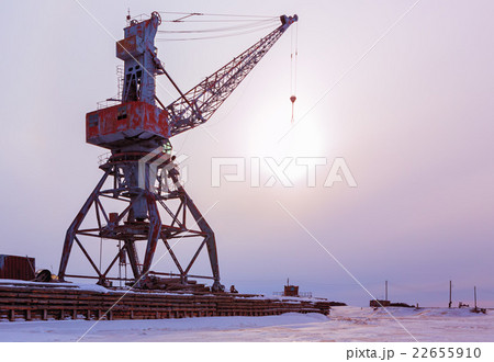 Ships cargo cranes on shore of Lake Baikal in 22655910