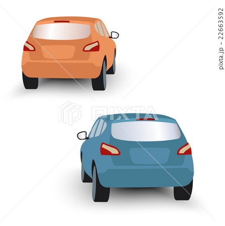 Back of hatchback cars orange and blue 22663592
