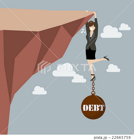 Business woman hold on the cliff with debt burden Business woman hold on the cliff with debt burden 22665759