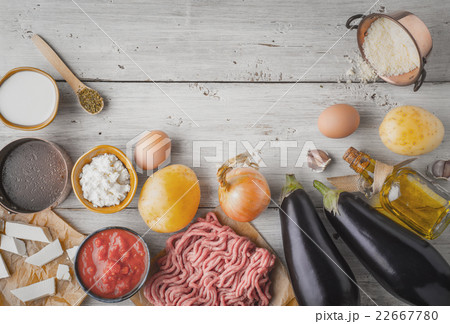 Ingredients for moussaka on the wooden table Ingredients for moussaka on the wooden table 22667780