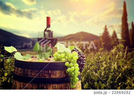 red wine bottle and glass on wodden barrel 22669282
