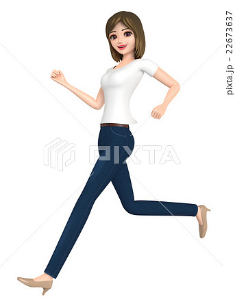 3d イラスト 走っているtシャツとジーンズ姿の女性 のイラスト素材