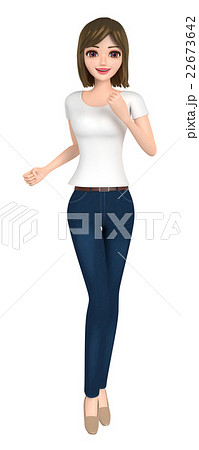 3d イラスト 走っているtシャツとジーンズ姿の女性のイラスト素材