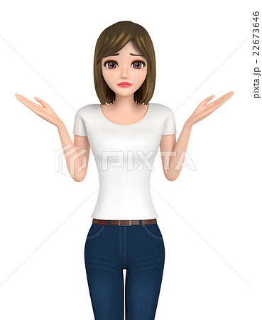 3d イラスト 困り顔のtシャツとジーンズ姿の女性のイラスト素材