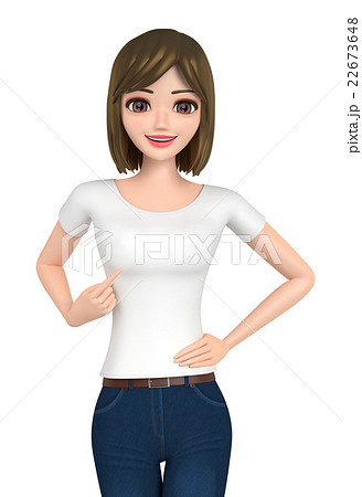 3d イラスト 自分のtシャツをアピールしているジーンズ姿の女性 のイラスト素材