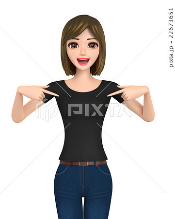 3d イラスト 自分のtシャツをアピールしているジーンズ姿の女性 のイラスト素材