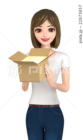 3d イラスト 光っている箱を持っているtシャツとジーンズ姿の女性のイラスト素材