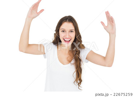 Happy woman raising hands 22675259